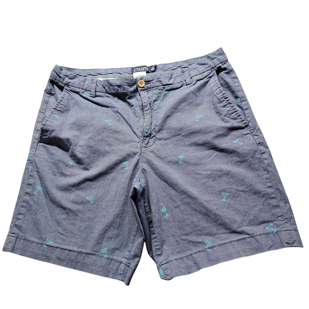 Chaps Mens 36 Blue Palm Tree Martini Embroidered Flat Front Shorts Casual Summer